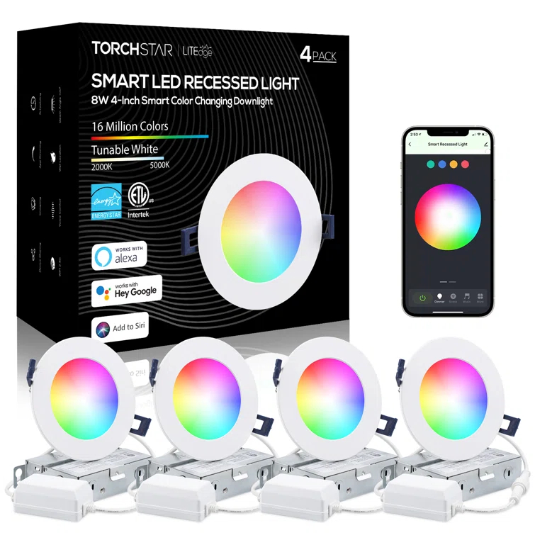 LEDVANS 4 Inch Smart Recessed Light, Color Changing Rgbcw, Voice Control (Set of 4) F-80425