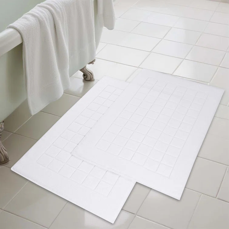 Nora Cotton Terry Solid Absorbent Thick Checkered Washable Bath Mat Set Of 2