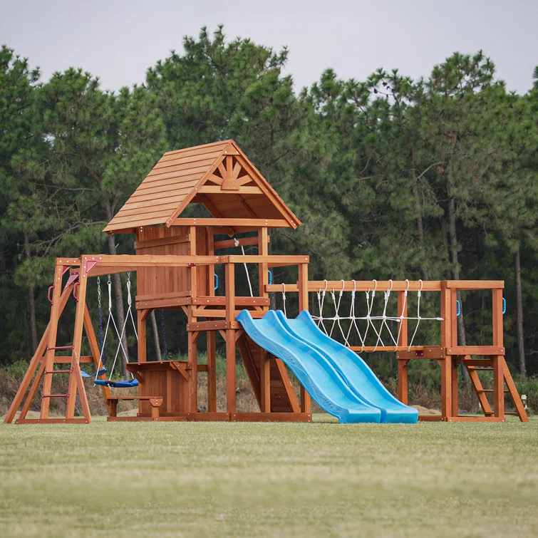 Dolphin Playground Dolphin Playground Luxury Cedar Playground Set: Double Wave Slide, 2-in-1 Table, Monkey Bars, Balance Beam, 3 Swings, Large Rock Wall, Wood Roof