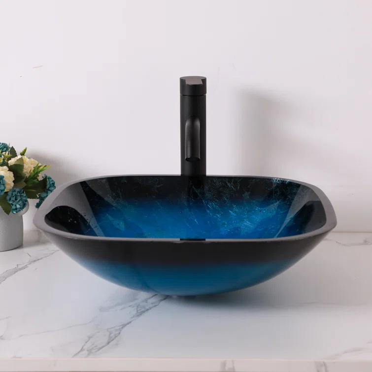 16" L x 16" W Glass Bathroom Vessel Sink Square Tempered Glass Art Basin Above Counter Bathroom Sink