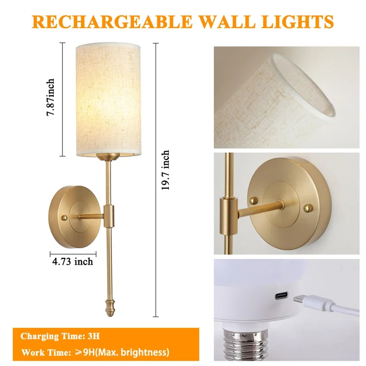 Rechargeable Wireless Wall Sconces Set Of Two, Dimmable Battery Operated Wall Lights With Remote, Gold Electroplating, RGB 15 Colors, Ideal For Bedroom And Living Room
