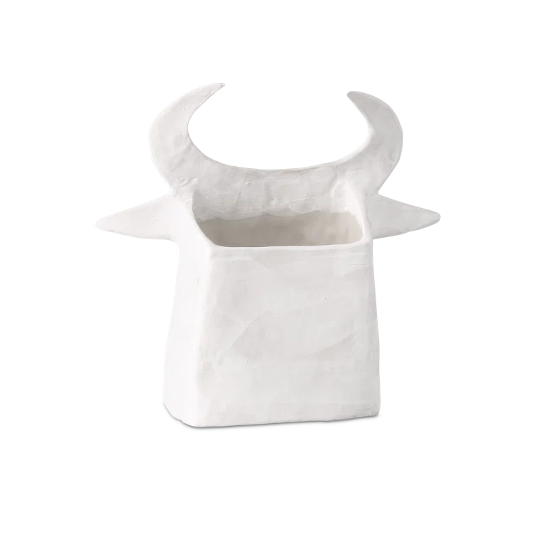 White Porcelain Bull Sculpture with Black Details