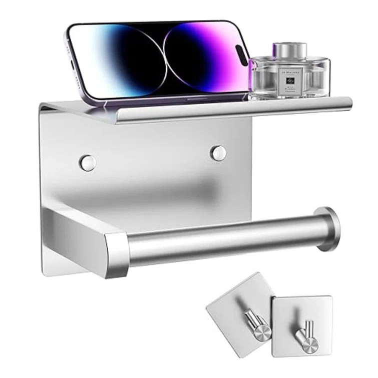 Toilet Paper Holder with Phone Shelf and Towel Robe Hooks