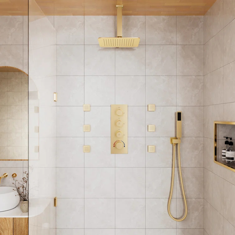 mondawe WF6310-12BG Herathena 3 Functions Ceiling Mounted Luxury Shower System with 6 Body Jets (Rough-in Valve Included)
