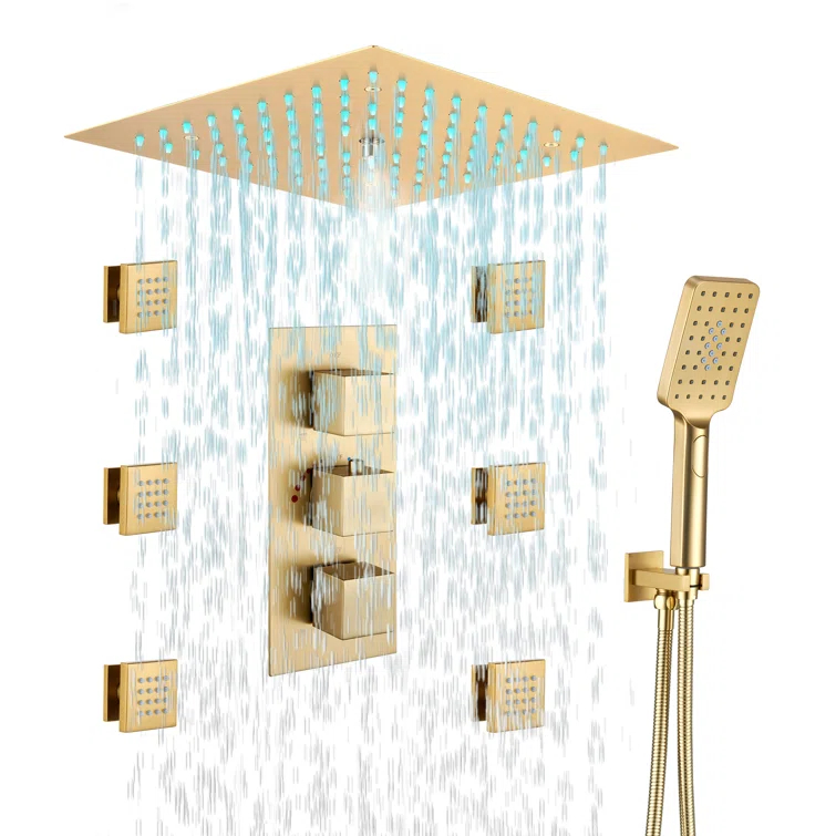 12" Flush Mounted Luxury Thermostatic Rainfall Shower System with LED and 6 Body Jets