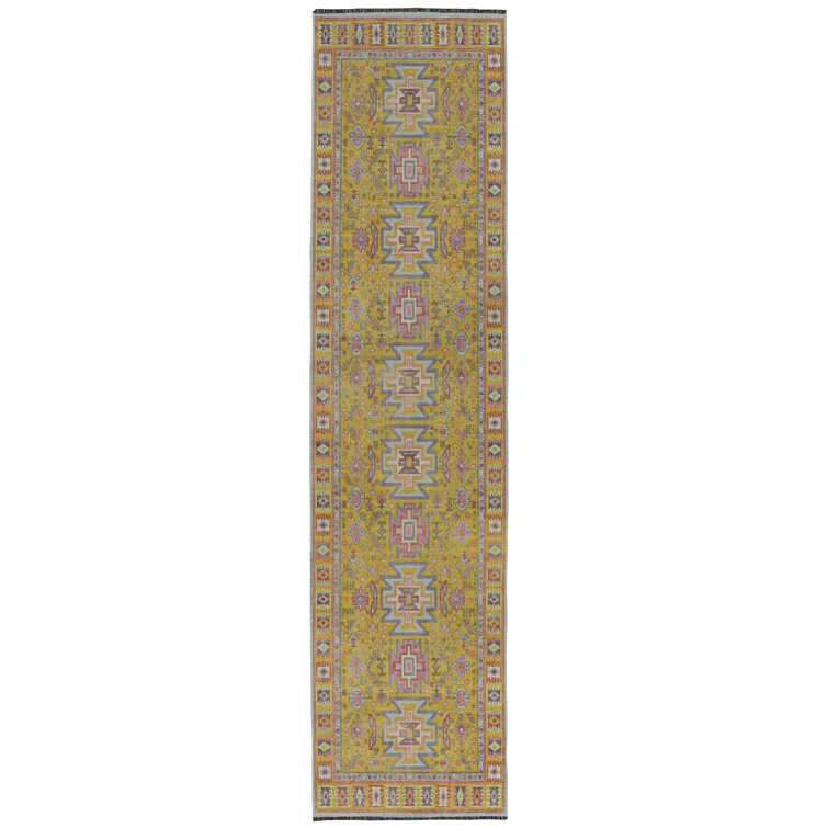 Linon Logan Sivas Polyester 2' X 10' Runner Rug in Yellow and Ivory