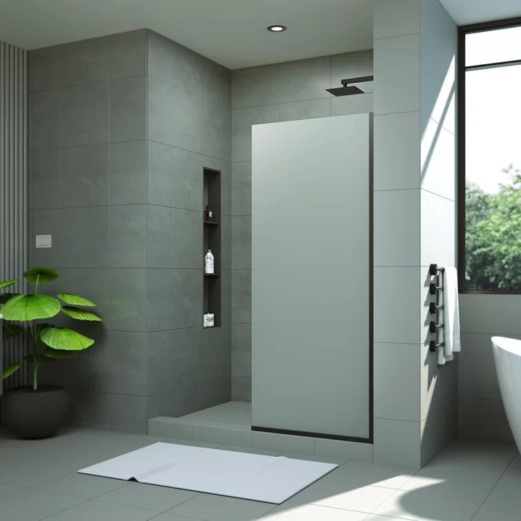 Matte Black Frameless Frosted Tempered Glass Walk-In Shower Screen