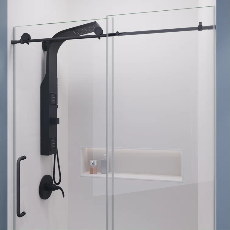 Madam Series 48 In. By 76 In. Frameless Sliding Shower Door In Gunmetal With Clear Tempered Glass And Tsunami Guard
