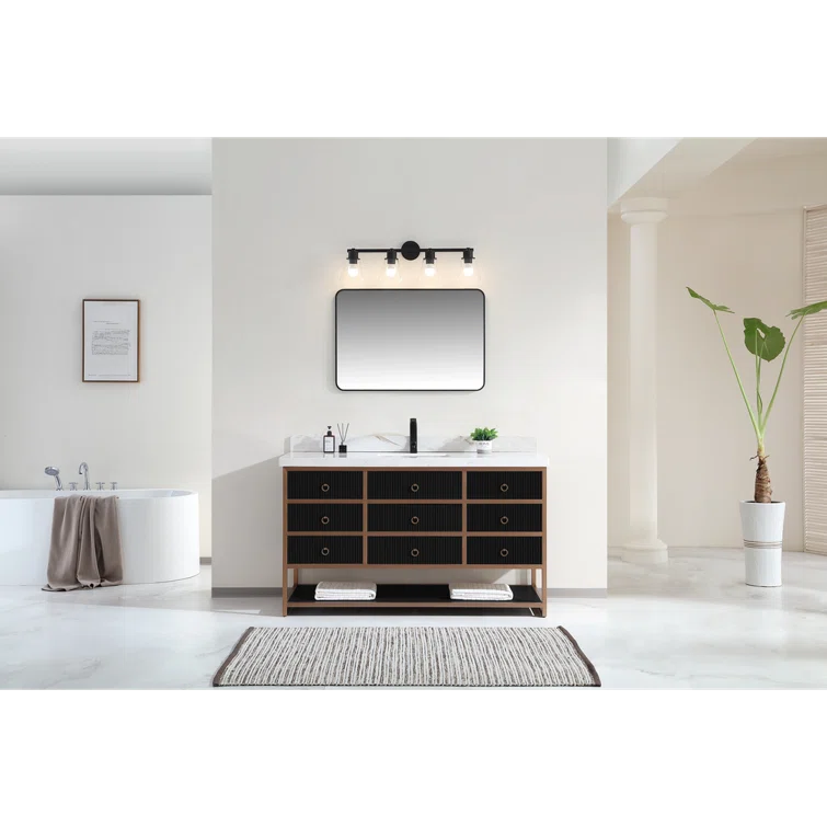 60" SINGLE VANITY WITH GOLDEN BRUSH STAINLESS STEEL FRAME AND TRICORN BLACK FINISH WITH 2 THICK WHITE NATUAL STONE TOP
