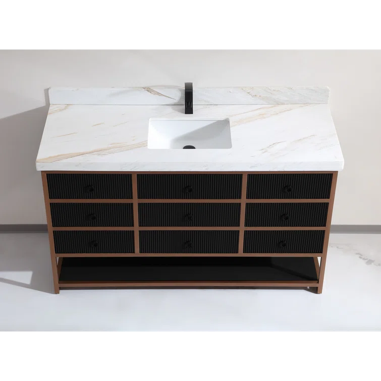 60" SINGLE VANITY WITH GOLDEN BRUSH STAINLESS STEEL FRAME AND TRICORN BLACK FINISH WITH 2 THICK WHITE NATUAL STONE TOP