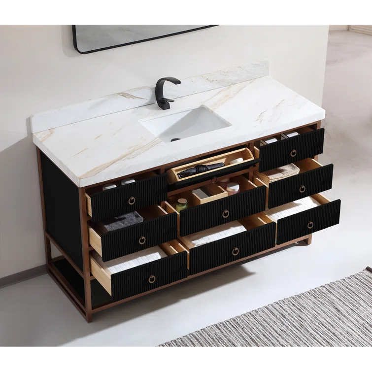 60" SINGLE VANITY WITH GOLDEN BRUSH STAINLESS STEEL FRAME AND TRICORN BLACK FINISH WITH 2 THICK WHITE NATUAL STONE TOP