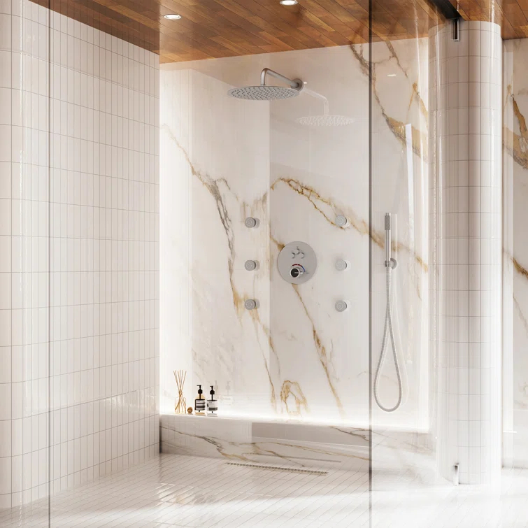 Wall Mounted Thermostatic Complete Rainfall Shower System with 6 Body Jets and Rough-in Valve