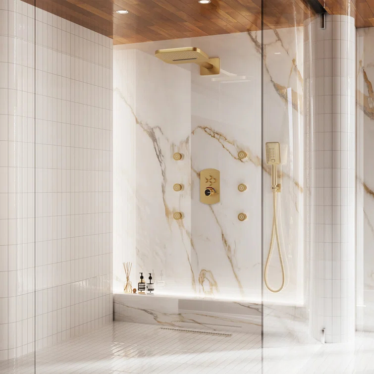 CASAINC 4-Function Wall Mounted Thermostatic Complete Shower System with 6 Body Jets and Rough-in Valve CS6855-22BG