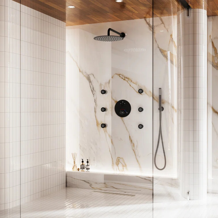 CASAINC Wall Mounted Thermostatic Complete Rainfall Shower System with 6 Body Jets and Rough-in Valve CS6823-12MB