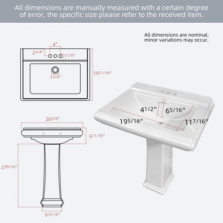 Ogonbrick 26'' Vitreous China Rectangular Bathroom Pedestal Sink with with 3 Faucet Holes at 4" Centers and Overflow in White