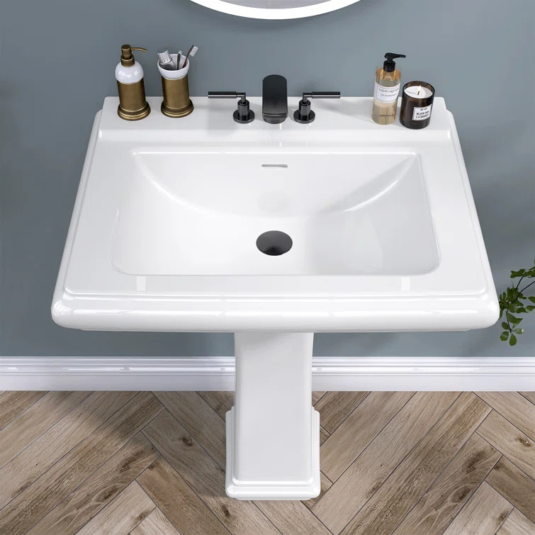 Ogonbrick 26'' Vitreous China Rectangular Bathroom Pedestal Sink with with 3 Faucet Holes at 4" Centers and Overflow in White