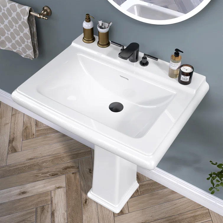 Ogonbrick 26'' Vitreous China Rectangular Bathroom Pedestal Sink with with 3 Faucet Holes at 4" Centers and Overflow in White