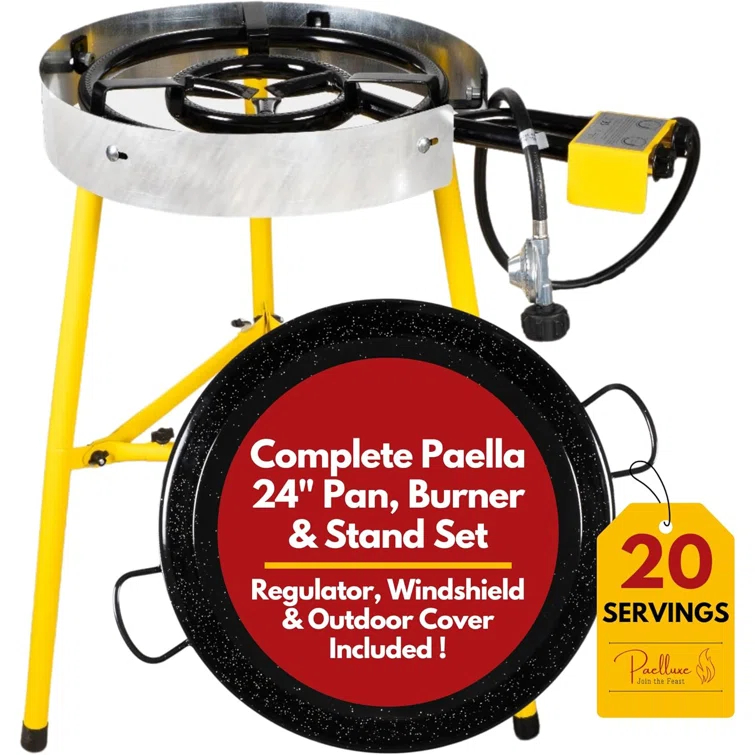 Paelluxe Paella Burner and Stand Set 20 Servings, 24 Inch Paella Pan, Dual Propane Outdoor Stove with Stand & Regulator, Portable Gas Cooker for Camping Crawfish Boil Cooking Outdoor, Paellera Propano