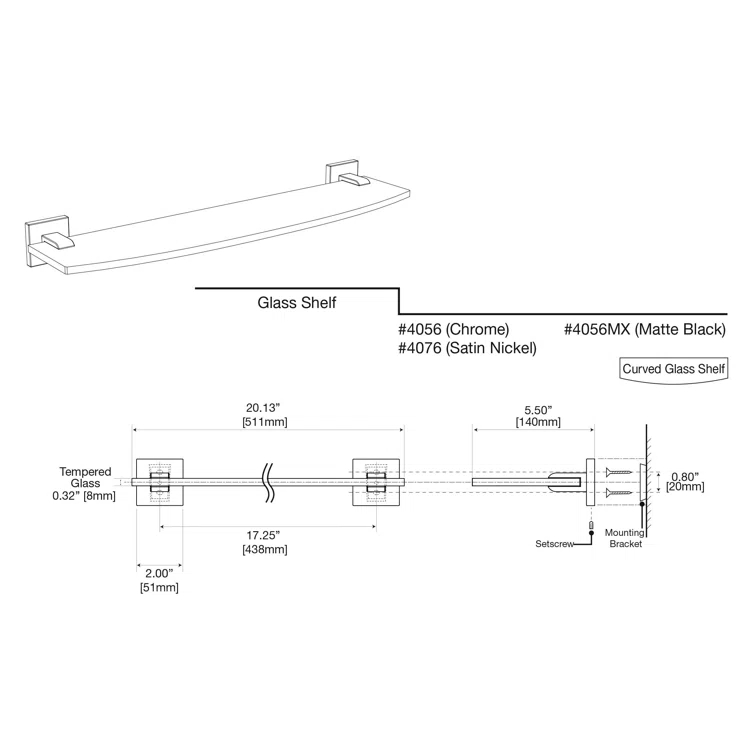 Elevate Wall Mount Glass Shelf | Tempered Curved Glass Shelf