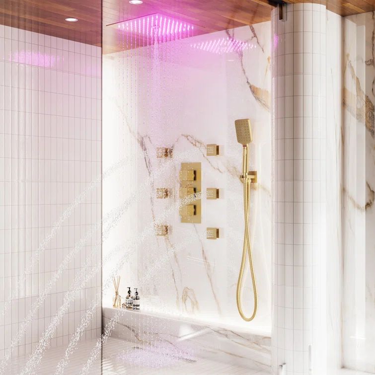 12" Flush Mounted Luxury Thermostatic Rainfall Shower System with LED and 6 Body Jets