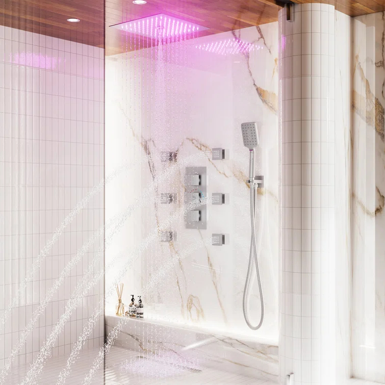 12" Flush Mounted Luxury Thermostatic Rainfall Shower System with LED and 6 Body Jets