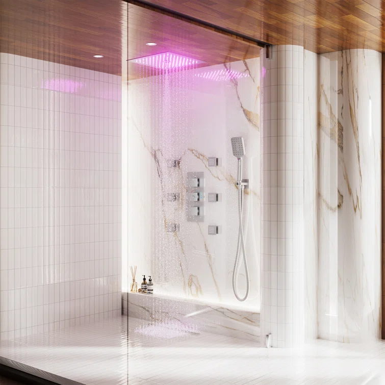 12" Flush Mounted Luxury Thermostatic Rainfall Shower System with LED and 6 Body Jets