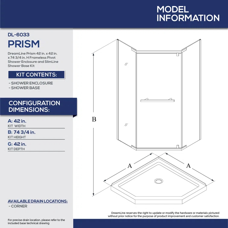Prism 42" W x 42" D x 74.75" H Frameless Neo-Angle Reversible Shower Kit with Towel Bar and Base Included
