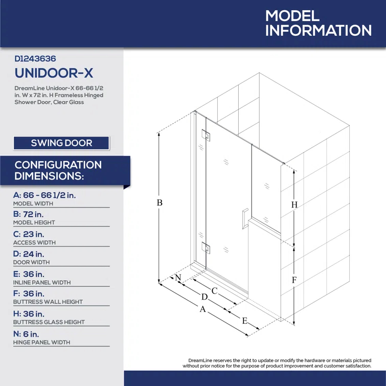 Unidoor-X 66" W x 72" H Frameless Shower Door with Fixed Panel
