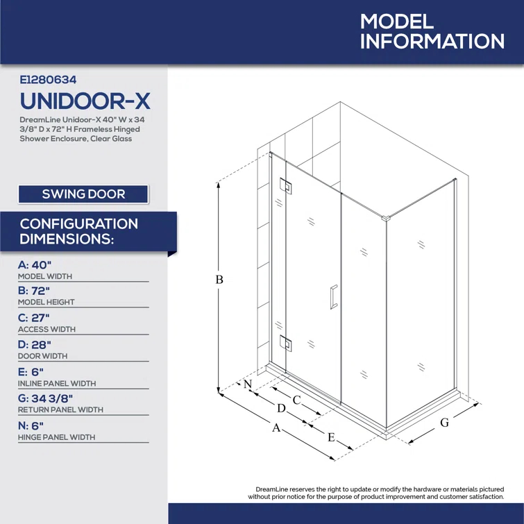 Unidoor-X 40" x 72" Hinged Frameless Shower Door with ClearMax™ Technology