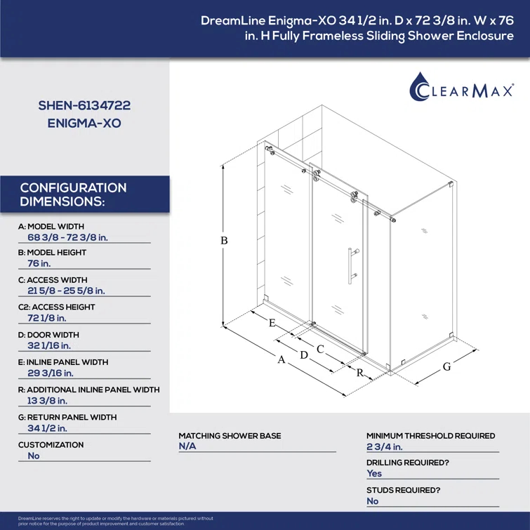Enigma-XO 72.37" x 76" Sliding Frameless Shower Enclosure with ClearMax™ Technology