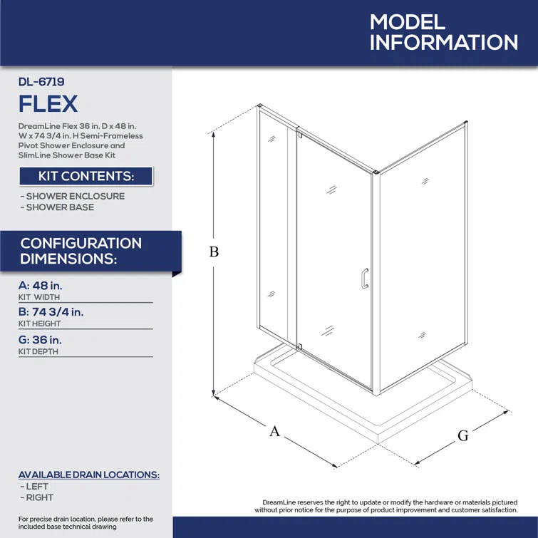 Flex 48" x 74.75" Rectangle Pivot Shower Enclosure with Base Included