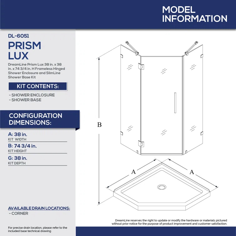 Prism Lux 38" W x 38" D x 74.75" H Frameless Neo-Angle Hinged Shower Enclosure with Base Included