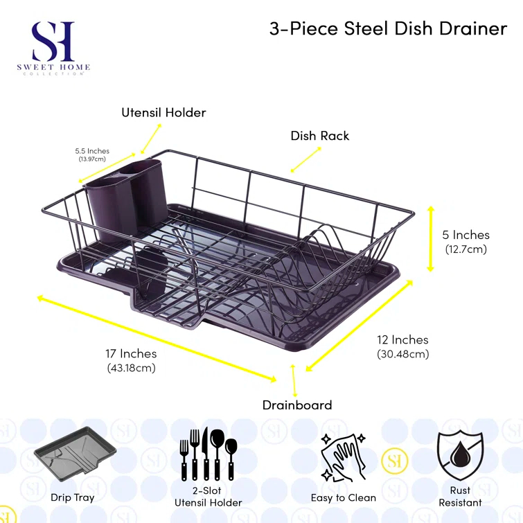 Sweet Home Collection 3-Piece Countertop Dish Rack