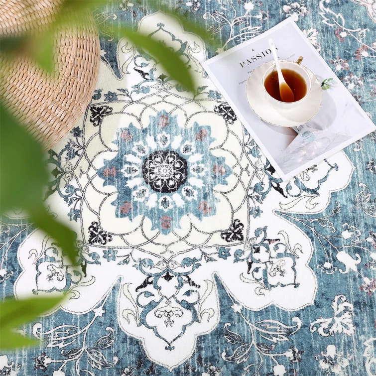 Polyester Machine Washable Blue Oriental Area Rug