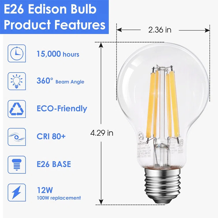 A19 LED Edison Light Bulb 12W Equivalent 100W Dimmable 1600lm 2700K Soft White