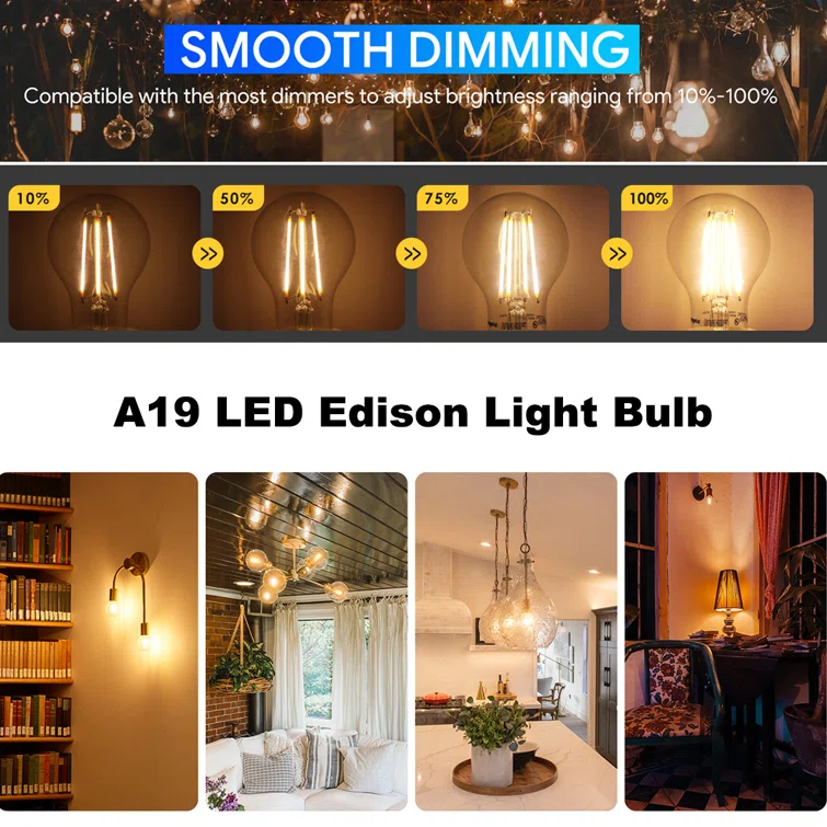 A19 LED Edison Light Bulb 12W Equivalent 100W Dimmable 1600lm 2700K Soft White