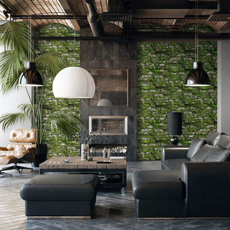 Bricks and More Collection Mossy Stone Wall Wallpaper Roll