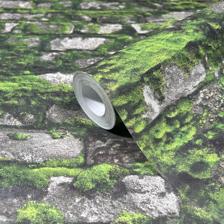 Bricks and More Collection Mossy Stone Wall Wallpaper Roll