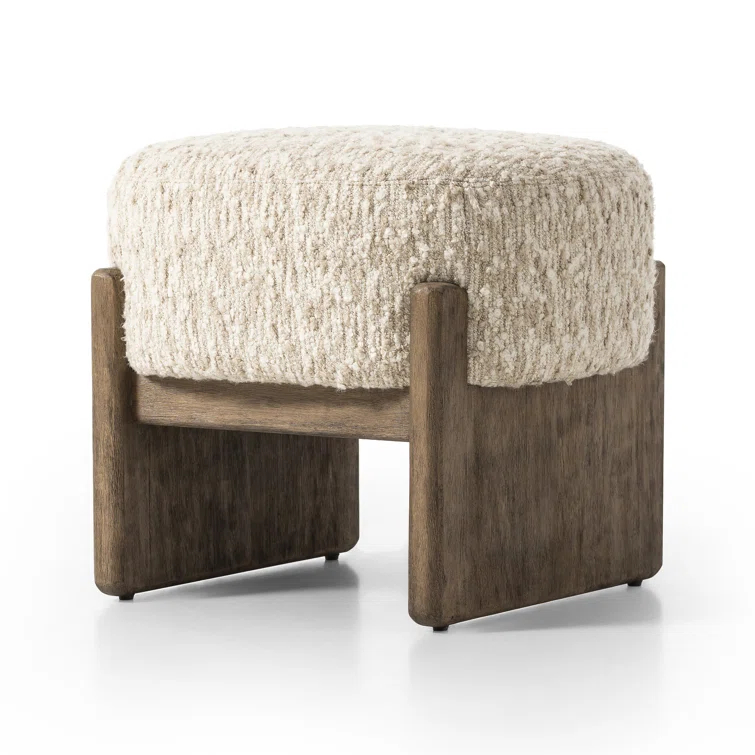 Solema Cream Upholstered Footstool with Wire-Brushed Parawood Base