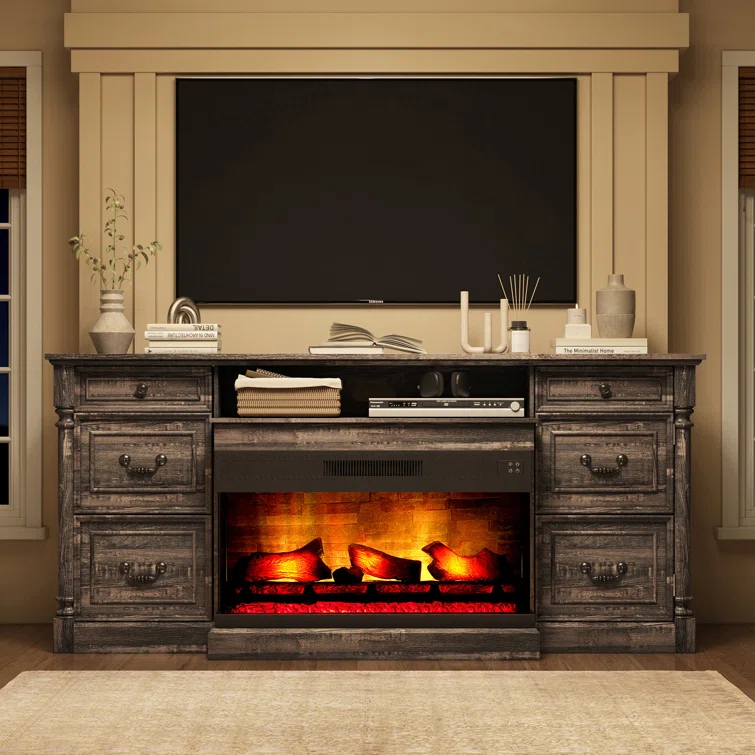 Alvilda 75" Farmhouse TV Stand with 36'' 3-Sided Glass Fireplace, 2 Drawers & Doors Closed Storage