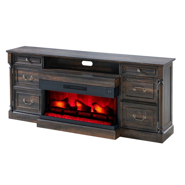 Alvilda 75" Farmhouse TV Stand with 36'' 3-Sided Glass Fireplace, 2 Drawers & Doors Closed Storage