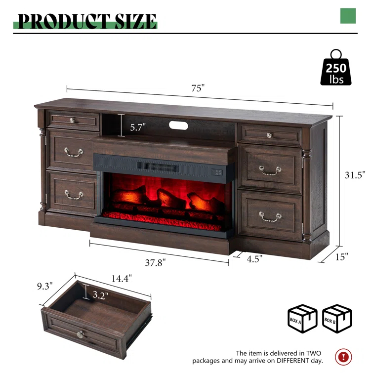 Alvilda 75" Farmhouse TV Stand with 36'' 3-Sided Glass Fireplace, 2 Drawers & Doors Closed Storage