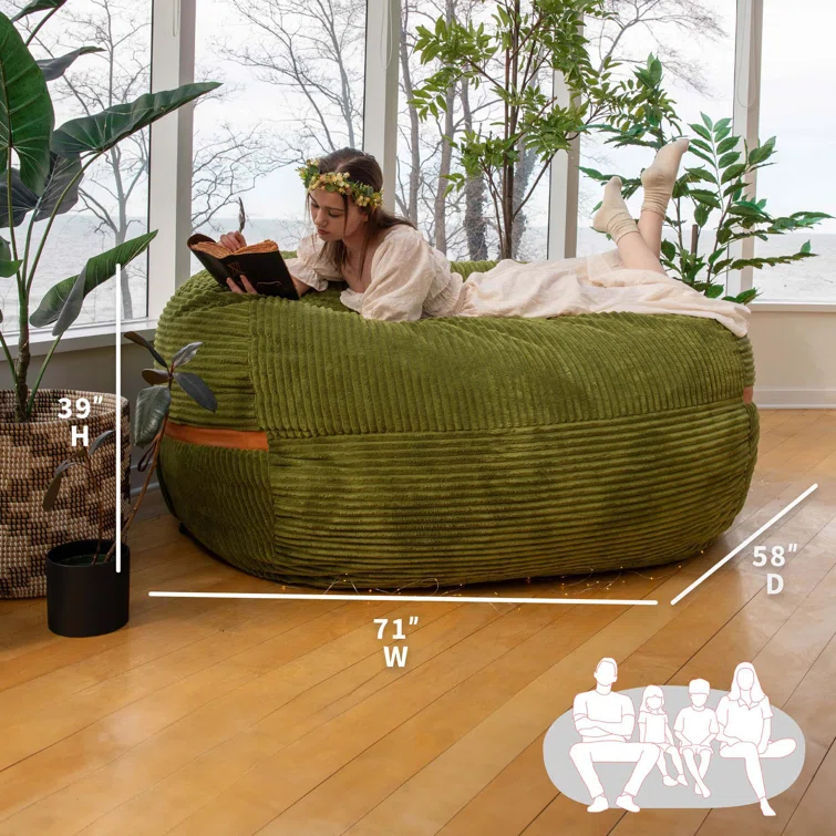 Big Joe Foam Filled Bean Bag Chair with Removable Cover, Corded Plush, Vegan Leather Accents, Medium to XXL Size