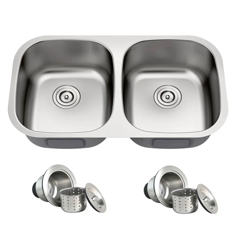 Blenzia 32 Inch Double Bowl Kitchen Sink 50/50 Undermount 304 Stainless Steel 18 Gauge 32" X 18" X 9"