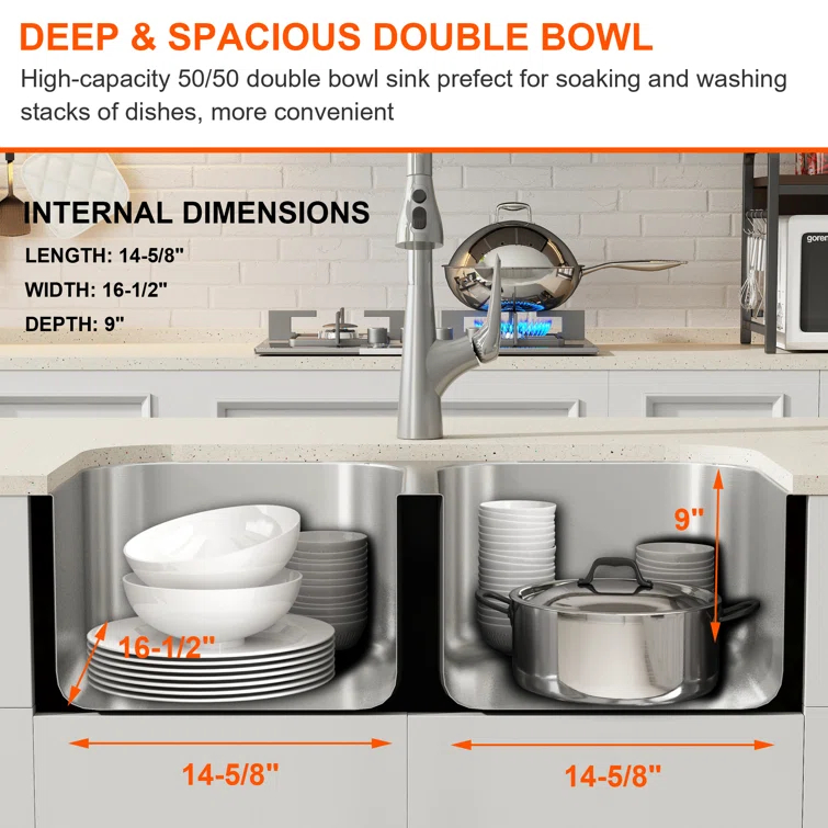 Blenzia 32 Inch Double Bowl Kitchen Sink 50/50 Undermount 304 Stainless Steel 18 Gauge 32" X 18" X 9"