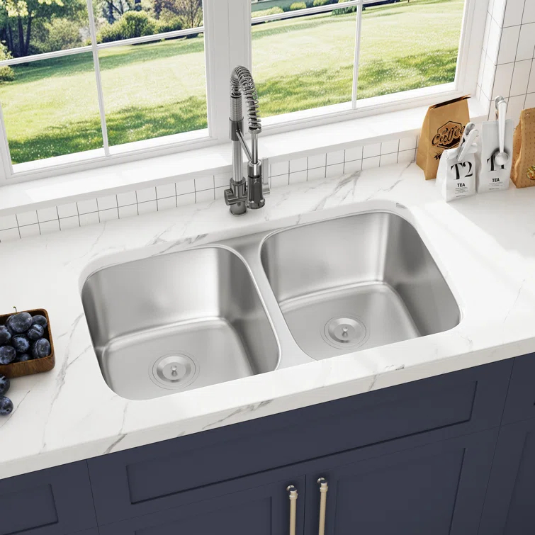 Blenzia 32 Inch Double Bowl Kitchen Sink 50/50 Undermount 304 Stainless Steel 18 Gauge 32" X 18" X 9"