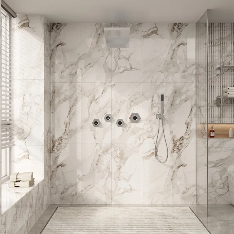 22" Wall-Mount LED Bluetooth Music Thermostatic Rainfall Complete Shower System with Rough in-Valve