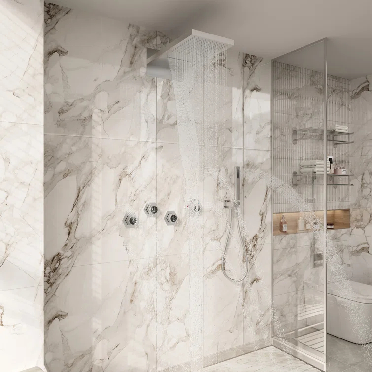 22" Wall-Mount LED Bluetooth Music Thermostatic Rainfall Complete Shower System with Rough in-Valve