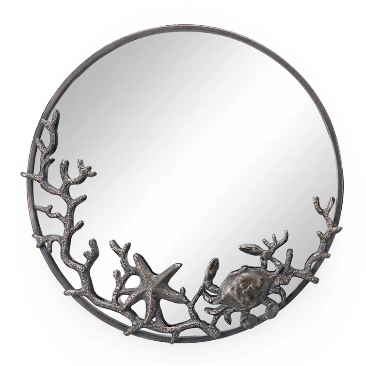 SPI Home Starfish and Crab Wall Mirror – 22" Round Cast Iron Frame with Coastal Marine Design, Rustic Bronze Sea Life Decor