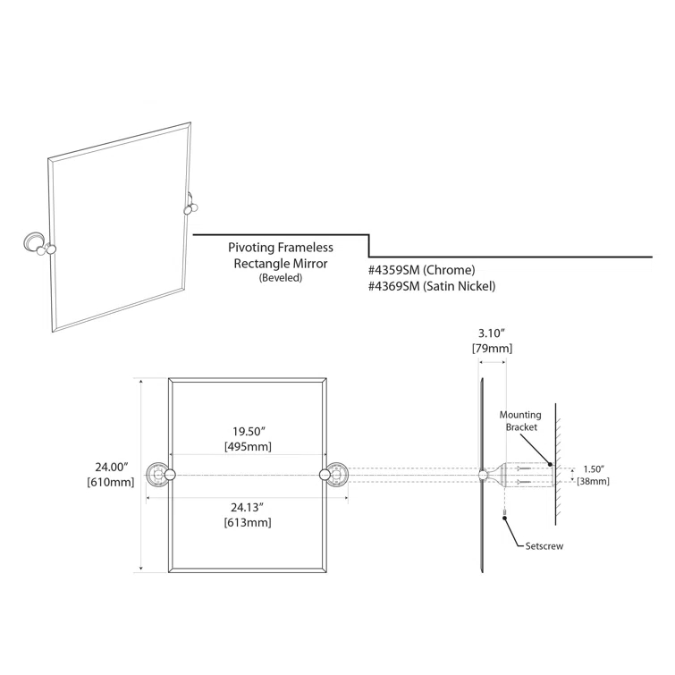 Charlotte Frameless Rectangle Bathroom Vanity Mirror | Pivoting and Beveled Wall Mirror